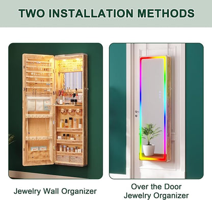 HNEBC Over the Door Jewelry Organizer with LED RGB Lights, 47.2" Full Length Mirror with Storage, Wall Mounted Jewelry Armoire, Hanging Mirror with 2 Drawers,Lokable,3 Shelves-Wood