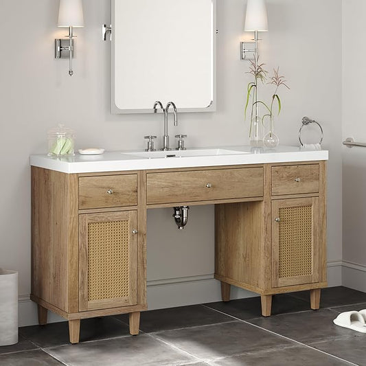 60 Inch Bathroom Vanity with Single Sink & Integrated Countertop,Large Bathroom Vanity with Rattan Doors,2 Drawers & Storage Cabinets,Gas Spring Tip-Out Tray,Soft Closing System,Solid Wood Legs