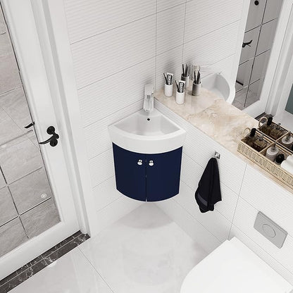 12 Inch Bathroom Vanity with White Sink Combo, Wall-Mounted Bathroom Vanity 2 Door for Small Space, Modern Floating Bathroom Cabinet with Top Basin & Storage Cabinet,Blue