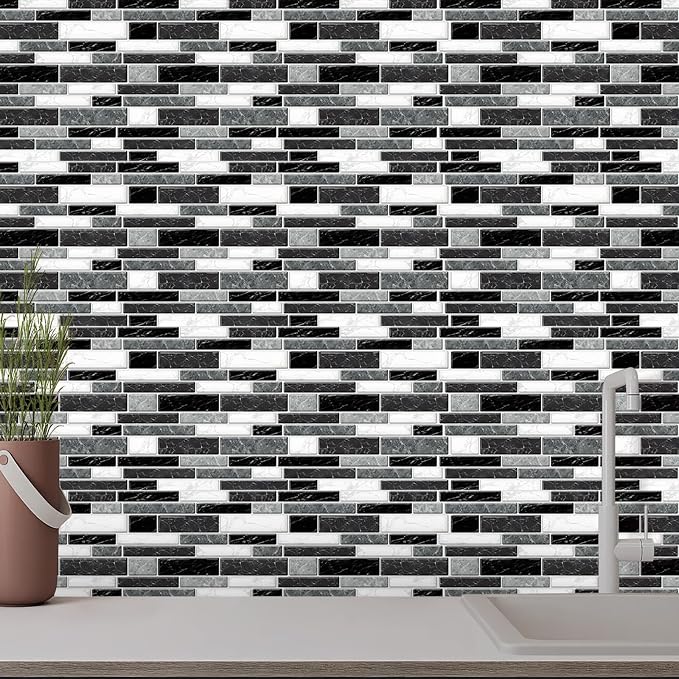 10 Sheets Peel and Stick Backsplash, Peel and Stick Wall Tiles, Marble Look Tiles Backsplash for Kitchen and Bathroom, Livingroom, 12”x12”,Black&White