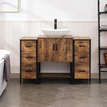 UEV 48" Rustic Brown Bathroom Vanity with Sink Combo,Industrial Iron Frame Bathroom Cabinet Sets with Double 3 Drawers Side Cabinet,Modern Artistic Ceramic Vessel Sink(032WH)