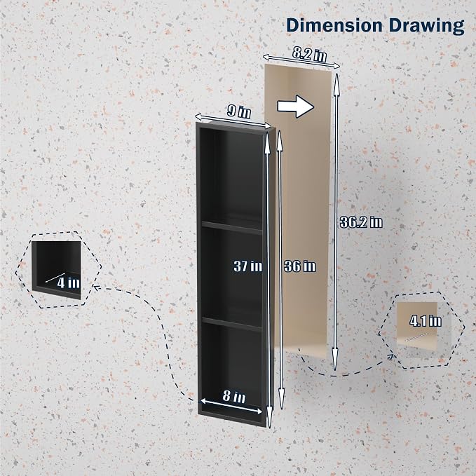 Tall Niche Three-Tiered Shelves Embedded in The Wall，Shower Niche No Tile Needed for Bathroom Niche Decor ，Stainless Steel（Black 8"x 36"）