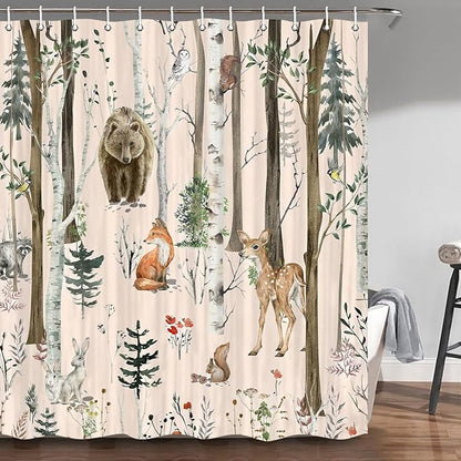 JAWO Rustic Forest Shower Curtains, Lodge Cabin Woodsy RV Shower Curtain, Wildlife Animals Woodland Campers Camping Bathroom Set with Hooks, 60X70 Inch, LightPink