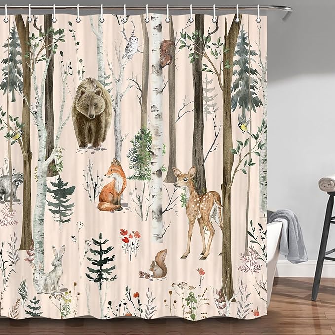 JAWO Rustic Forest Winter Shower Curtain for Bathroom, Country Hunting Bear Deer Wild Animals Farmhouse Christmas Shower Curtains, Cabin Nature Bathroom Set with Hooks, 70X70 Inch, LightPink