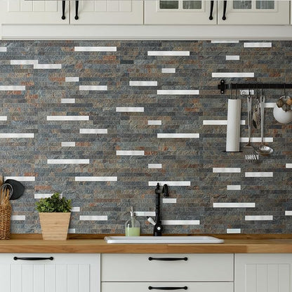 AULIGET 20 Sheets Rust Slate Peel and Stick Backsplash, PVC Mixed Metal Silver Wall Tile Stick on Backsplash for Kitchen and Bathroom