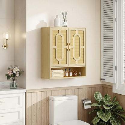 VECELO Rattan Bathroom Wall Cabinet, Medicine Cabinets with Adjustable Shelves, Wall Mounted Above Toilet Storage Organizer for Bathroom, Kitchen, Entryway