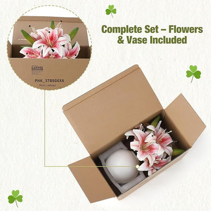 Artificial Lily Flowers with Ceramic Vase, Pink Silk Lily Flower Arrangement, Fake Flowers in Vase Centerpiece, Artificial Floral Arrangement for Table Decor, Shelf, Bathroom, Wedding, Home Decoration