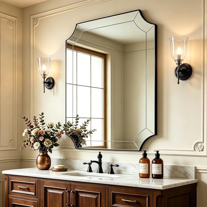 28x36 Inch Matte Black Mirror, Black Framed Mirror for Bathroom, Unique Rectangle Mirror with Sophisticated Curved Design for Bathroom, Powder Room, Entryway (Vertical or Horizontal)