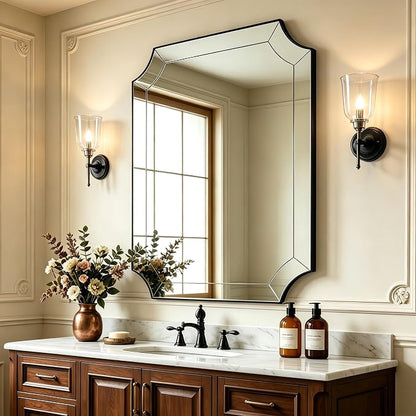 28x36 Inch Matte Black Mirror, Black Framed Mirror for Bathroom, Unique Rectangle Mirror with Sophisticated Curved Design for Bathroom, Powder Room, Entryway (Vertical or Horizontal)