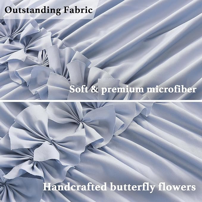 Homechoice Decor Fog Blue Ruffle Shower Curtain 72“ W x 84” H | Vintage Handcrafted Bow Tie Bath Curtain for Master Bathroom, Ruched Microfiber Bathroom Curtain with 12 Buttonholes (LQ-10)