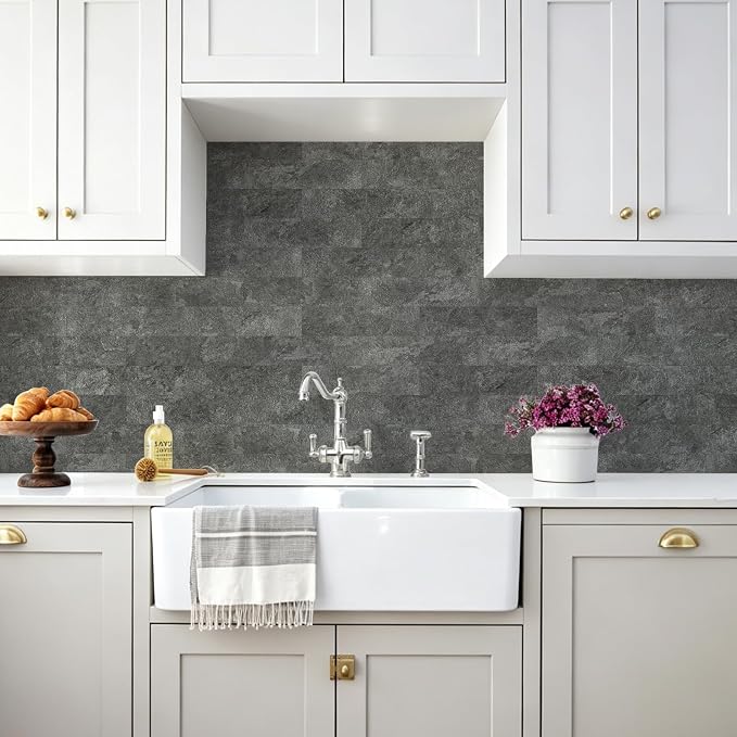 Vamos Tile Peel & Stick Backsplash, Textured 40-Piece 3''x12'' Subway Tile | Dark Gray Slate Seamless Wall Tile,PVC Faux Stone Stick on Subway Tiles for Kitchen,Bathroom,Laundry,Camper,Fireplace