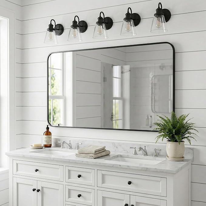 30x48 Inch Matte Black Rounded Rectangle Bathroom Vanity Mirror | For Over-Sink Bathrooms, Powder-Coated Iron Frame, Layered Shadow Box Look, Vertical or Horizontal Layout