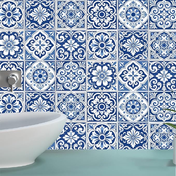 36Pcs 9 Styles Blue and White Tile Stickers 4 x 4 Inch Ceramic Tile Decals Peel and Stick Square Flower Pattern Waterproof PVC Decal for Kitchen Bathroom Backsplash Furniture DIY Home Decor