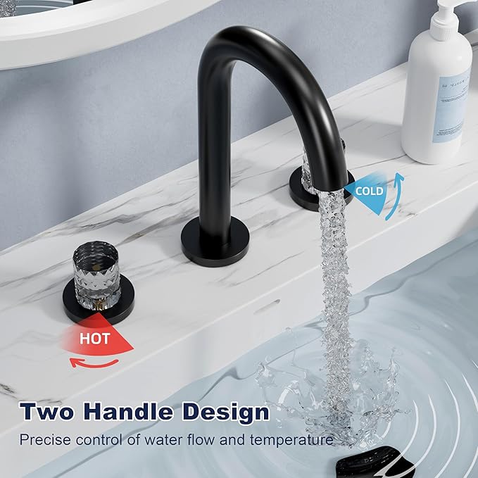 Bathroom Faucets for Sink 3 Hole, Bathroom Sink Faucet Widespread 8 Inch, Matte Black Faucet with Pop Up Drain and Hose