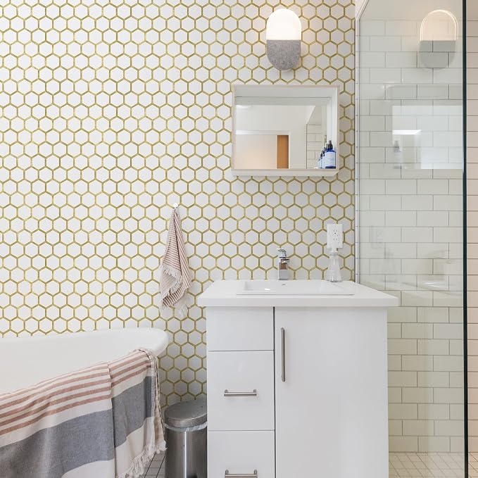 STICKGOO Hexagon Peel and Stick Backsplash Tile, Stick on Backsplash for Kitchen and Bathroom, Pure White PVC Mixed Metal Gold Self Adhesive Wall Tiles(10 Sheets, Seamless)