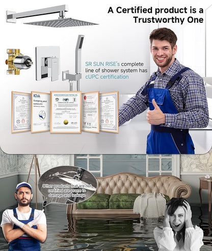 SR SUN RISE Shower Faucet Set & System - 10 Inch Rainfall Shower Head & Handle Set Wall Mounted Polished Chrome Solid Brass Valve Trim Kit Included