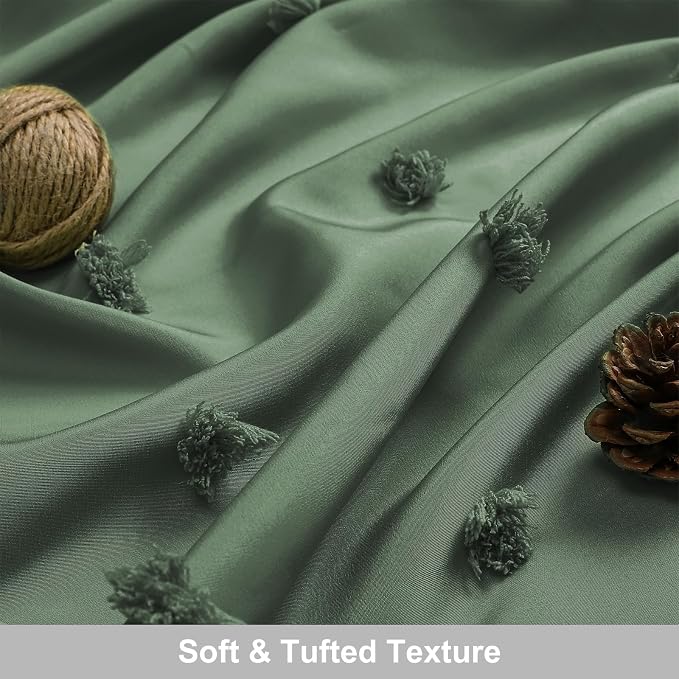 LilyCat Dark Green Boho Tufted Floral Shower Curtain with Tassel, 72" x 78" | Waterproof Boho Fabric Shower Curtain Set with Hooks, Cute Rustic Vintage Bathroom Décor, Minimalist Cloth Bathroom Curtain