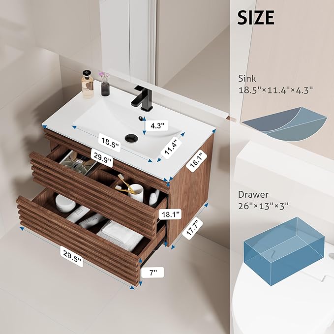 LUCKWIND 30" Floating Bathroom Vanity with Sink, Mid-Century Wall Mounted Big Drawer Cabinet with Large Sink, Water Saving Faucet and Wood Stripes Style, Walnut