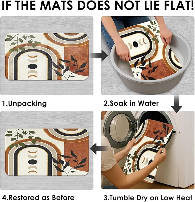 Bathroom Sets with Shower Curtain and Rugs, 4 Pcs, Mid Century Boho | Geometric Abstract Leaves Bathroom Decor Set with Toilet Lid Cover, Non-Slip Bath Mats and Accessories 12 Hooks