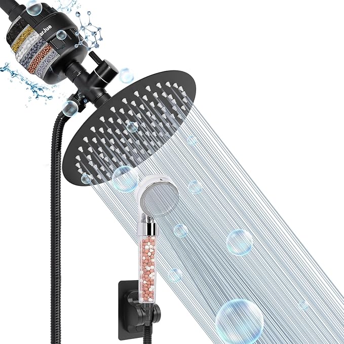 Filter Shower Head, High Pressure 8 Inch Rainfull with Filter Combo for Hard Water, Remove Chlorine Fluoride and Harmful Substances- 1 Replaceable Filter Cartridge (Round, Matte Black)