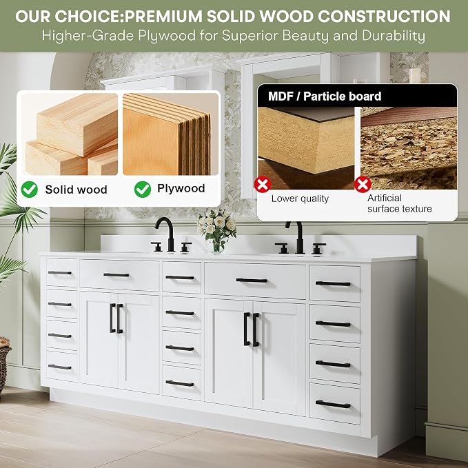 84-Inch Bathroom Vanity with Double Sinks W/ 4 Doors & 12 Drawers & 2 Flip Drawers, White Vanity W/Matte Black Handles