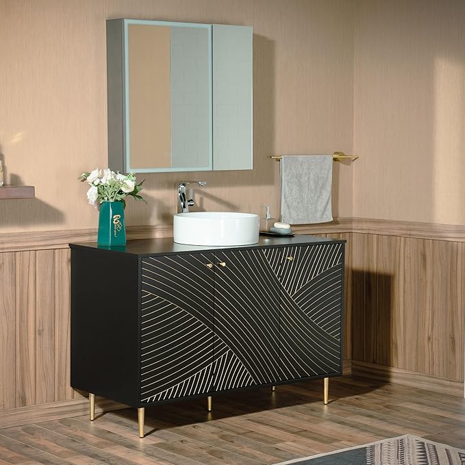 Woodbridge 48" Modern Bathroom Vanity with Round Ceramic Vessel Sinks & Black Engineered Stone Top, Matte Black Lacquer Finish and Gold Accents, Slim Frame Design, and Sleek Space-Saving Profile