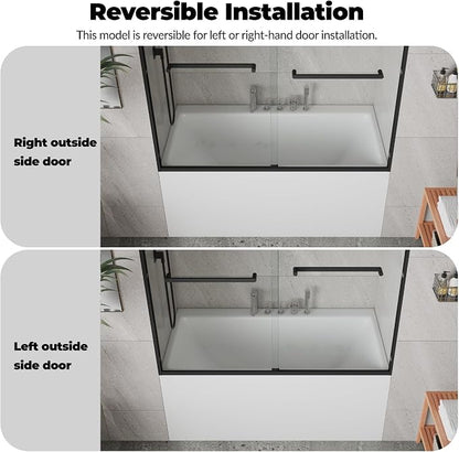 Bathtub Shower Door, 60" W x 59" H Sliding Tub Door with Dual Panels, 6mm (1/4") SGCC Tempered Glass with Explosion-Proof Film & Protective Coating, Matte Black Aluminum Alloy Frame