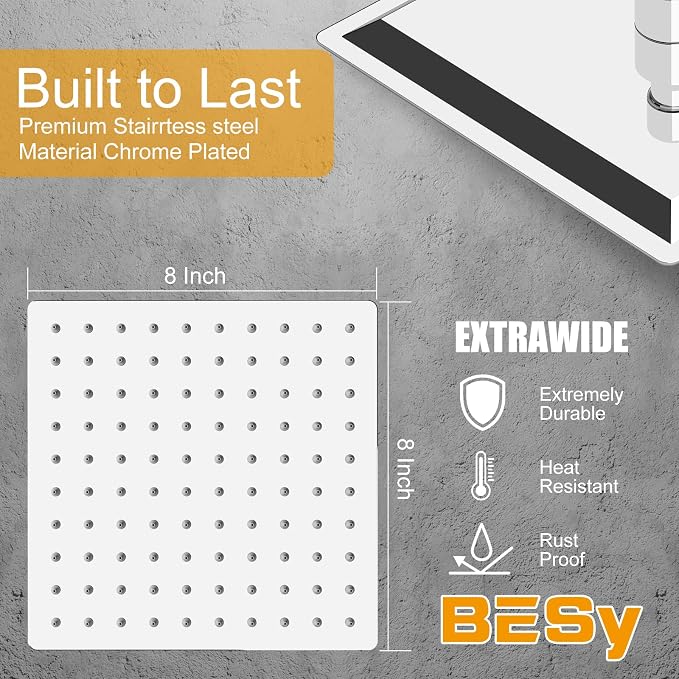 8 Inch Rain Shower Head High Pressure Rainfall Shower Head Chrome | Square Rain Bathroom Showerhead, High Flow, Large Stainless Steel, Ceiling Mounted, Wall Mounted, Waterfall Full Body