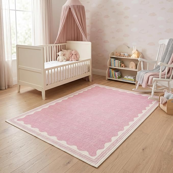 Garvee Entryway Rug 3x5 Washable Bordered Modern Rug Foldable Low Pile Pink | Stain-Resistant Carpet Ultra Soft Non Slip Lightweight Rugs Indoor Non-Shedding Mat for Kitchen Bedroom Nursery Entrance