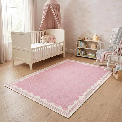 Garvee Entryway Rug 3x5 Washable Bordered Modern Rug Foldable Low Pile Pink | Stain-Resistant Carpet Ultra Soft Non Slip Lightweight Rugs Indoor Non-Shedding Mat for Kitchen Bedroom Nursery Entrance