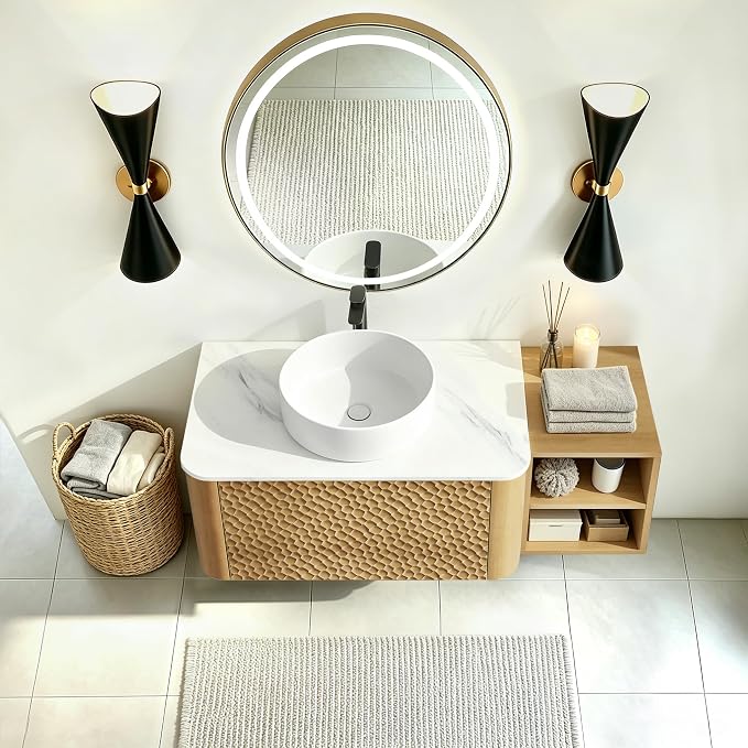 42 Inch Modern Bathroom Vanity with Ceramic Sink, Floating Bathroom Sink Cabinet with Sintered Stone Top&Solid Wood Hammered Frame, Single Bathroom Vanities w/Soft-Close Drawer&Side Open Cube