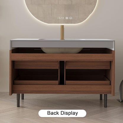 36 Inch Modern Bathroom Vanity with Undermount Sink, 2-in-1 Wall Mounted & Free-Standing Bathroom Vanity Cabinet with Sintered Stone Top & 4 Drawers, Walnut Wood Single Sink Bathroom Vanities