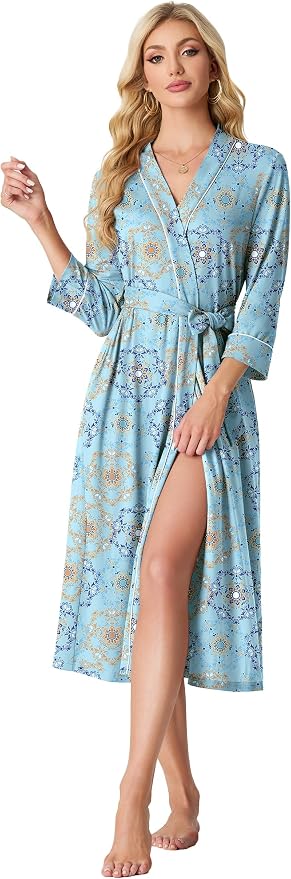 PrinStory Robes for Women 3/4 Sleeve Long Bath Robe XS-4XL | V-Neck Knit Bathrobe with Pockets, Lightweight, Soft, Breathable Robes for Shower, Spa, Travel, Home, Party, Nursing