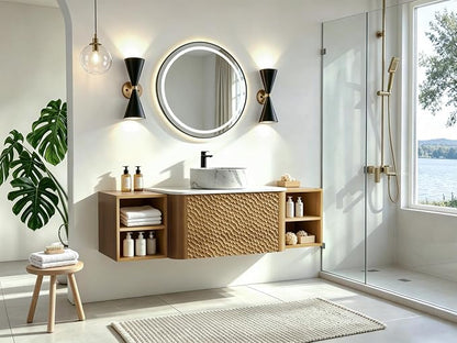 54 Inch Modern Bathroom Vanity with Ceramic Sink, Floating Bathroom Sink Cabinet with Sintered Stone Top&Solid Wood Hammered Frame, Single Bathroom Vanities w/Soft-Close Drawer&2 Side Open Cube