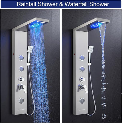 ROVATE 6-in-1 LED Rainfall Waterfall Shower Panel Tower System, Brushed | High Pressure Stainless Steel Shower Column with Tub Spout, 2-Setting Body Jets and Flexible Handheld, Water Flow Adjustable