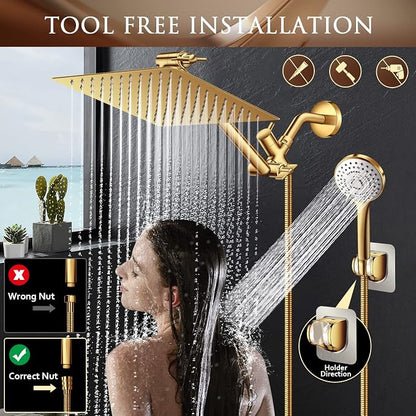 10" Gold Shower Head with Handheld, 5 Spray Handheld with 11" Extension Arm | High Pressure Rainfall Shower Head/Handheld Shower Combo with Adjustable Arm, 60" Hose Anti-leak (Gold)