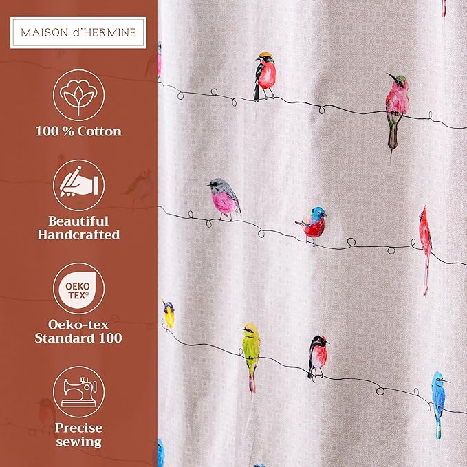 Maison d' Hermine Shower Curtain 100% Cotton One Panel 70"x72" Washable Fabric Shower Curtains for Bathroom, Easy Hanging with 12 Button Holes - Home Hotel Spa Easter Gifts (Birdies on Wire)
