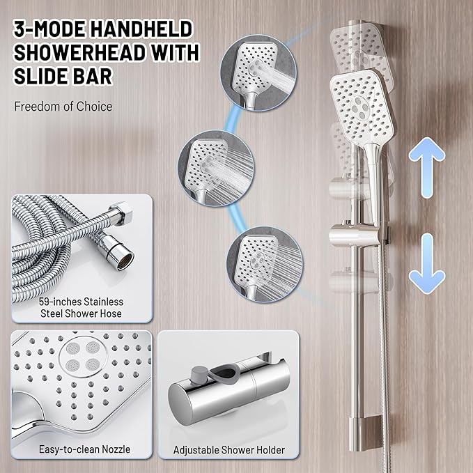 Rain Shower System - 6 inches Shower Head with Handheld Combo Set, Wall Mounted Shower Faucet Set with Slide Bar and 3-Setting Handheld Shower Head (Shower Valve and Trim Kit Included), Chrome