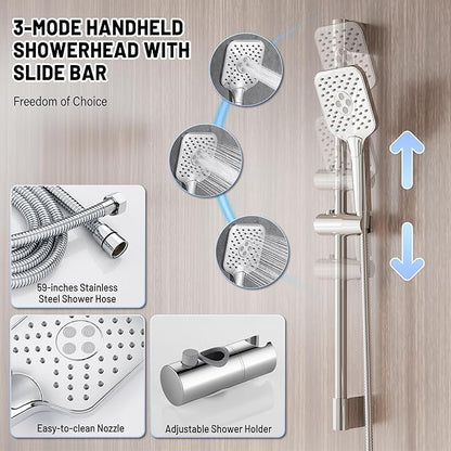 Rain Shower System - 6 inches Shower Head with Handheld Combo Set, Wall Mounted Shower Faucet Set with Slide Bar and 3-Setting Handheld Shower Head (Shower Valve and Trim Kit Included), Chrome