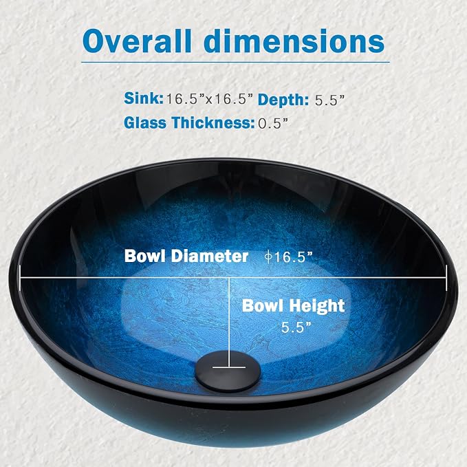 Design Vessel Sink Bathroom Sink above counter Small Vessel Sink Bathroom Sink Bowl Countertop Modern Sinks with faucet and drain combo 16.5" Round Blue New