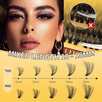 QUEWEL Lash Clusters Kit, 280Pcs 70D+90D 3D Lash Cluster Eyelash Extensions | 10-18mm Lash Clusters Kit with Lash Bond and Seal and Lashes Tweezers Easy DIY at Home (70+90D 3D Kit)