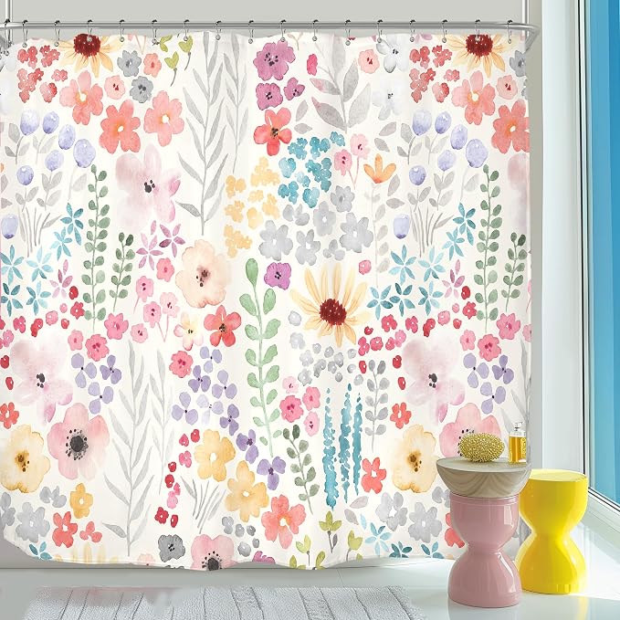 Clawfoot Tub Extra Wide Floral Flower Cute Wrap Bathroom Shower Curtain Set | 180"W x 70"H Colorful All; waterproof HD print, quick-dry fabric with 12 hooks for easy hanging.