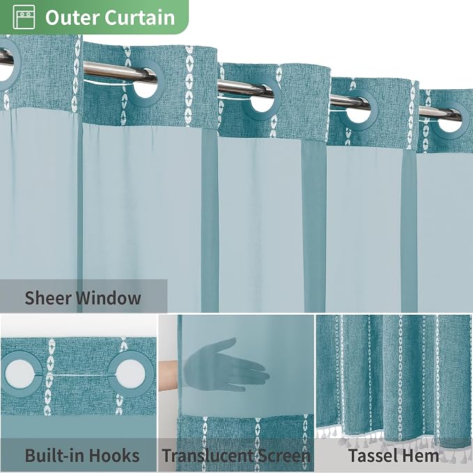 eachope Long No Hook Shower Curtain with Snap-in Fabric Liner,71x80,Teal | 330GSM Thick Linen Textured Striped,Boho Farmhouse Rustic Luxury Bathroom Curtain with Tassels,Mesh Window,Water-Repellent
