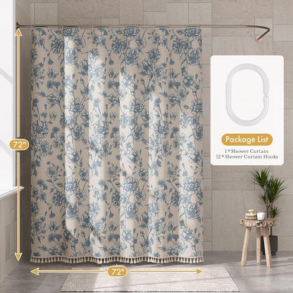 AmazerBath Light Blue Floral Shower Curtain, Modern Farmhouse Shower Curtain Set with Tassels, Rustic Faux Linen Shower Curtain Washable with Hooks for Cottagecore Style, 72x72 Inches