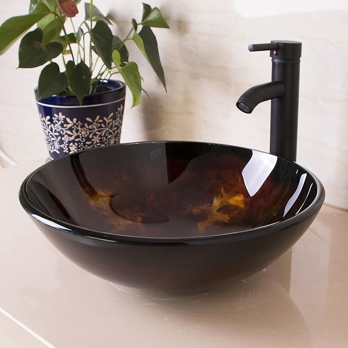 wonline Round Artistic Tempered Glass Bathroom Vessel Sink Combo Oil Rubbed Bronze Faucet and Drain Basin
