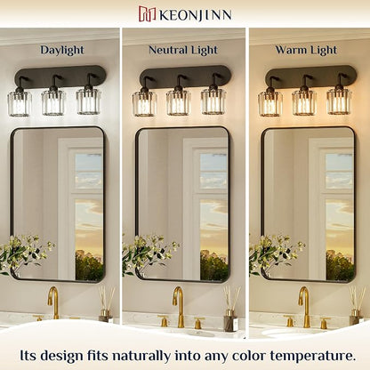 Keonjinn 4-Light Black Bathroom Light Fixtures Over Mirror, Crystal | Vanity Lighting Fixture with Crystal Square Shades, Dimmable, Modern Style, Compatible with E26 Base LED Bulbs (Exclude Bulb)