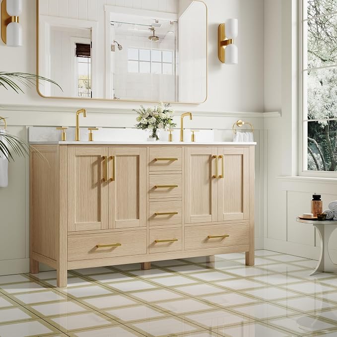 60-Inch Bathroom Vanity with Sink, Bathroom Freestanding Vanity W/ 4 Doors and 6 Drawers, Solid Wood Cabinet Vanity with Cultured Marble Countertop, Oak Vanity & Brushed Gold Handles