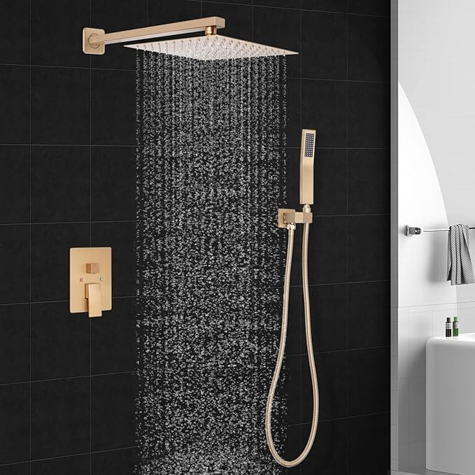 Brushed Gold Square Rainfall Shower Head Set with Handheld, 10" | Wall Mounted Bathroom Shower Faucet, 10 Inch Square Head, With Shower Valve, Rustproof Brushed Gold, High Pressure Raindrop