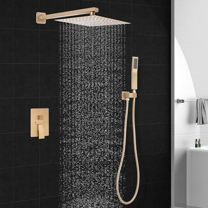 Brushed Gold Square Rainfall Shower Head Set with Handheld, 10" | Wall Mounted Bathroom Shower Faucet, 10 Inch Square Head, With Shower Valve, Rustproof Brushed Gold, High Pressure Raindrop