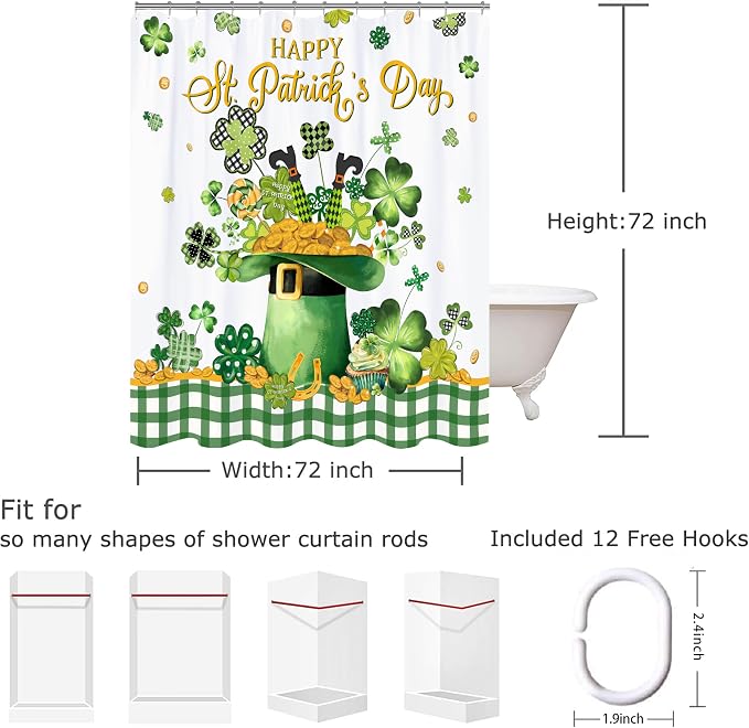St. Patrick's Day Shower Curtain Shamrock Shower Curtains Waterproof Fabric Bath Curtains with 12 Hooks for St. Patricks Day Home Bathroom Decor, 72 x 72 Inches